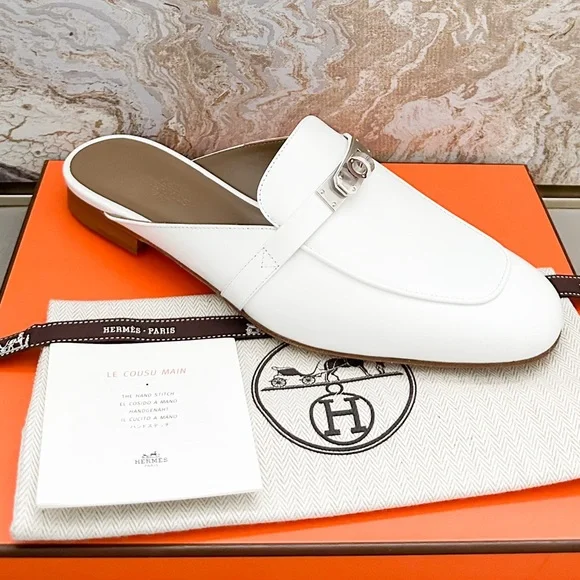 In Stores! New! Hermes Oz White Calfskin Leather Mule